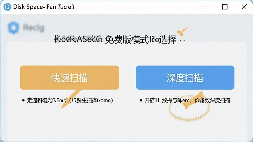 一张展示Disk Space Fan 免费版扫描模式选择界面的截图,界面中有两个明显的按钮,一个标注“快速扫描”,一个标注“深度扫描”,按钮下方有简单的文字说明,背景为软件的浅色主界面,整体风格清爽简洁,画质清晰,无多余元素