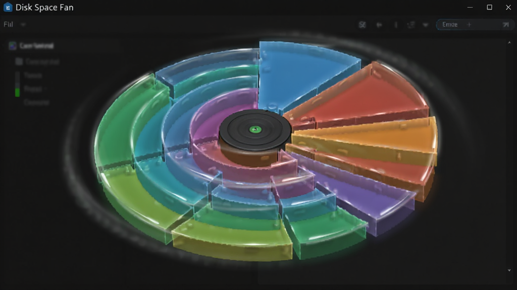 一张Disk Space Fan 免费版进行磁盘扫描时的动态效果图,画面中心是正在旋转并逐渐展开的多层扇形图,色彩鲜明,每个扇区边缘有高光效果,背景为深色界面,突出扇形图的立体感和科技感,画质清晰,细节精致,画面干净无多余元素