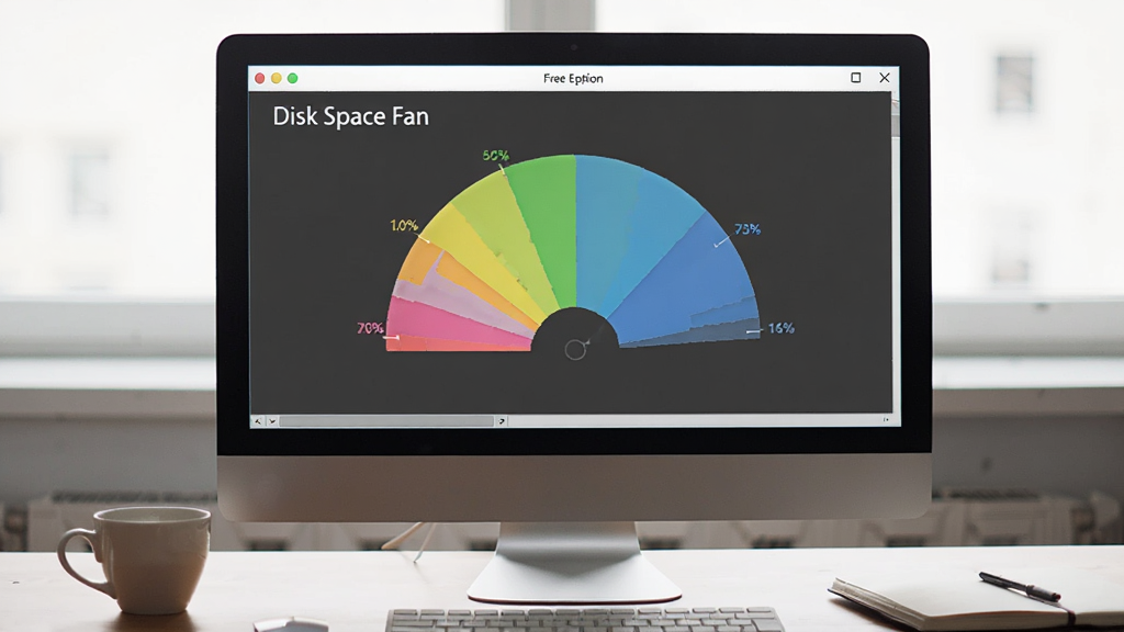 一张展示Disk Space Fan 免费版在电脑上运行的实拍图,电脑屏幕显示软件的扇形图界面,周围环境为整洁的办公桌,有一杯咖啡和一本笔记本,画面风格写实自然,光线柔和,画质清晰,细节丰富,无多余元素