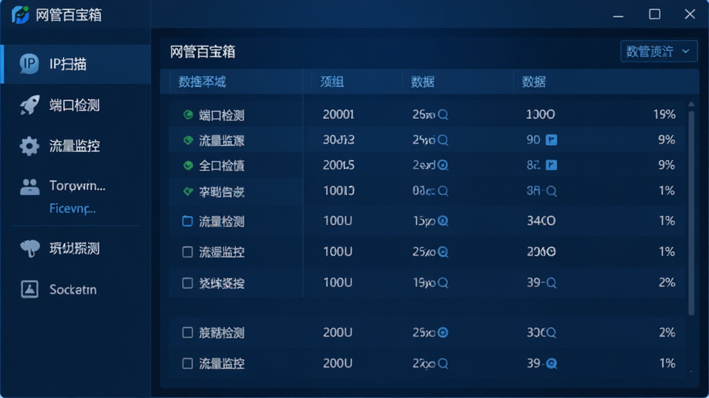 一张展示网管百宝箱主界面的高清截图,界面左侧为功能菜单列表包含IP扫描、端口检测、流量监控等图标,右侧为数据展示区域,整体采用深蓝色科技风格UI设计,布局紧凑合理,画质清晰干净,无多余元素