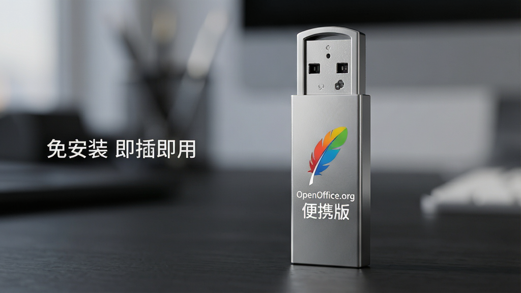 一幅高清产品渲染图,主体为一块银色U盘竖立在深色桌面上,U盘表面印有“OpenOffice.org便携版”白色字样与彩色羽毛图标。布局简洁居中,背景虚化突出U盘。排版上,U盘占据画面中心,左侧留白处有一行小字“免安装 即插即用”。风格为现代科技感,细节体现U盘金属质感与接口纹理,画质清晰干净,无多余元素。
