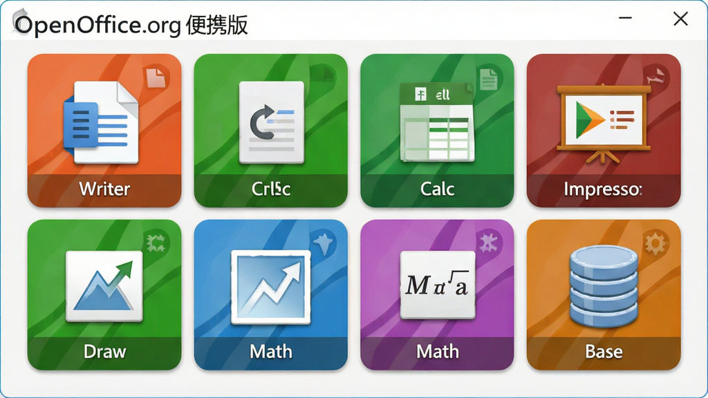 一张宽幅截图式图像,主体为OpenOffice.org便携版启动中心界面,六个组件图标(Writer文档、Calc表格、Impress演示、Draw绘图、Math公式、Base数据库)整齐排列在彩色磁贴上。布局采用网格状排版,每个图标下方配有中文名称,左侧有“OpenOffice.org便携版”标题。风格扁平化,色彩明亮清新,细节包括图标阴影与圆角设计,画质干净无多余元素。