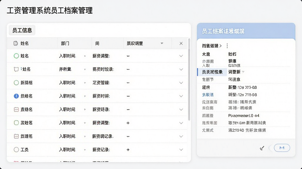 工资管理系统员工档案管理界面,主体为员工信息列表与详细资料卡片,布局规整,排版清晰,风格简约,细节包含姓名、部门、入职时间、薪资调整记录,画质高清,无多余修饰