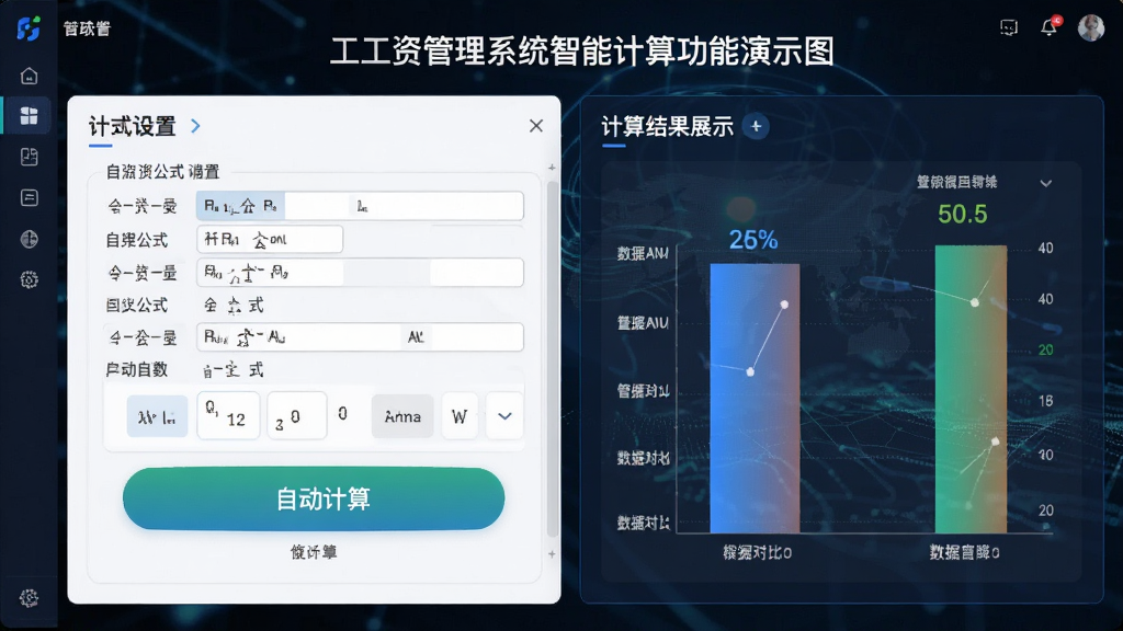 工资管理系统智能计算功能演示图,主体为软件界面中公式设置面板与计算结果展示,布局有序,排版专业,风格科技感,细节包含自定义公式、自动计算按钮、数据对比,画质清晰,干净整洁