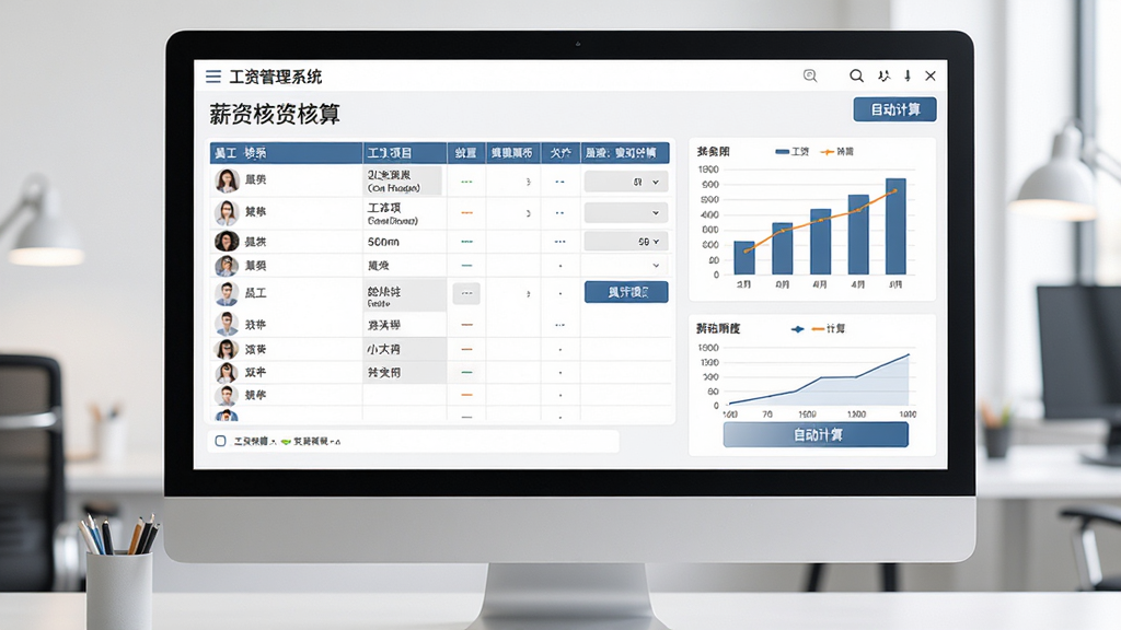 工资管理系统软件界面预览图,主体为电脑屏幕中展示的薪资核算表格与图表,布局清晰,排版简洁,风格现代商务,细节包括员工列表、工资项、自动计算按钮,画质高清,干净无多余元素