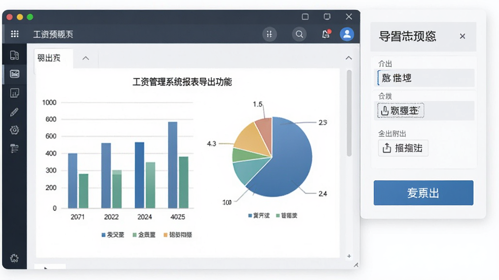 工资管理系统报表导出功能示意,主体为软件中报表预览与导出选项,布局合理,排版大方,风格商务,细节包含柱状图、饼图、导出按钮,画质清晰,干净专业