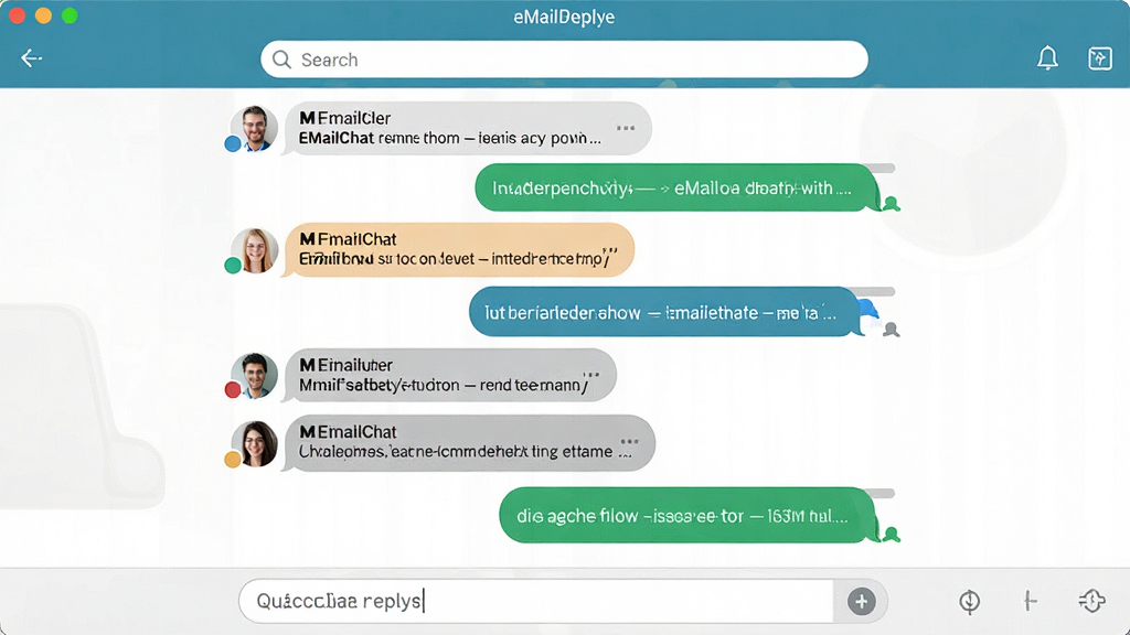 一张eMailChat软件功能预览图,画面中央显示多个邮件会话以垂直聊天气泡列表呈现,不同发件人的邮件分别靠左和靠右对齐展示,模拟即时通讯软件的对话界面,顶部有搜索框,底部有快速回复输入框,界面风格简约清爽,强调会话的连续性和视觉层次感,画质清晰,无多余元素
