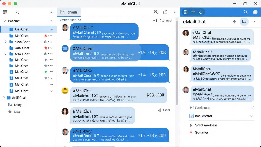 一幅展示eMailChat软件主界面的高清截图,界面左侧为邮件文件夹列表,中间区域显示按对话式排列的邮件列表,每封邮件以聊天气泡形式呈现,右侧为当前对话的详情预览窗格,整体布局清晰,采用现代简约的蓝白配色,界面干净明亮,画质细腻,无多余元素