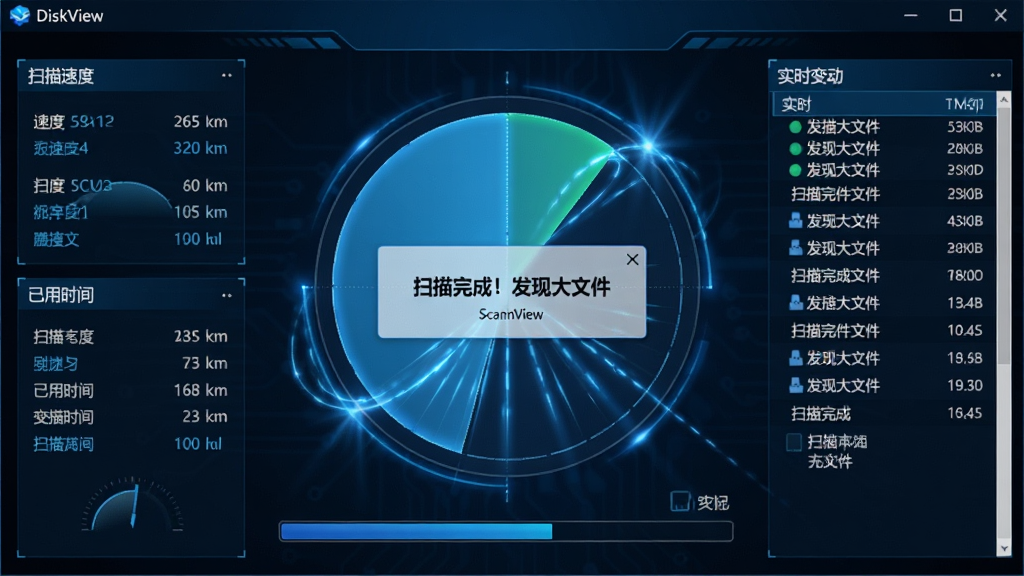 主体:DiskView软件扫描过程界面,显示一个磁盘扇区图或进度条,周围有动态闪烁的扫描光线,表示正在快速扫描。布局:中央是磁盘圆形图,扫描过程中逐渐填充颜色,左侧有扫描速度与已用时间数据,右侧为实时文件变动列表。排版:界面动态效果流畅,数据更新即时。风格:科技感,蓝色调为主,背景深色。细节:扫描完成时弹出提示框显示“扫描完成!发现大文件”,画质:高分辨率,干净,无多余元素。