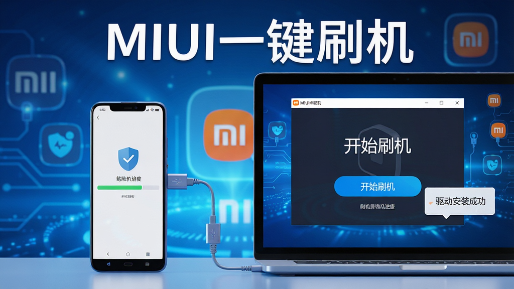 主体:一台小米手机连接电脑,电脑屏幕上显示MIUI一键刷机软件界面,界面有大大的“开始刷机”按钮,背景是科技感蓝色光效与小米logo元素;布局:手机在左侧,电脑在右侧,中间有USB连线,软件界面清晰可见;排版:居中构图,主体突出,软件名称“MIUI一键刷机”以白色艺术字置于顶部;风格:现代扁平结合3D渲染,光线通透;细节:手机屏幕显示刷机进度条,电脑旁有“驱动安装成功”提示框,整体氛围专业且安全;画质:8K高清,干净,无多余元素