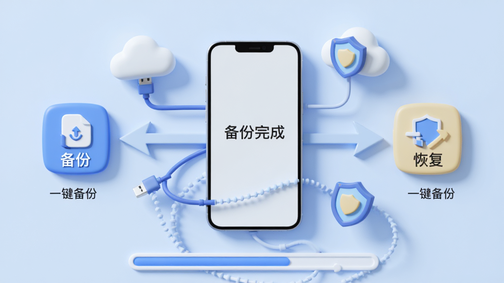 主体:数据云备份与恢复的抽象画面,中间是小米手机,周围有备份文件图标与时间轴箭头,标注“一键备份”;布局:手机居中,左右两侧分别为“备份”与“恢复”按钮图标,底部有进度条;排版:清晰直观,图标排列有序;风格:浅蓝色背景,3D图标,柔和光影;细节:手机屏幕显示“备份完成”字样,周围环绕数据线、云朵、盾牌图标,强调安全高效;画质:高清渲染,干净无多余元素