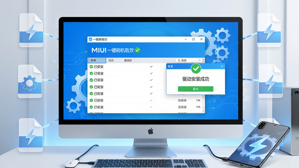 主体:电脑屏幕显示MIUI一键刷机软件正在自动安装驱动的界面,旁边弹窗提示“驱动安装成功”,桌面上有一只小米手机连接;布局:以电脑屏幕为中心,四周有半透明的驱动文件图标环绕,手机在右下角;排版:软件界面居中放大,状态栏有绿色对勾;风格:科技蓝与白色为主,干净明亮;细节:驱动列表逐条显示“已安装”,背景有齿轮与闪电图标,象征自动化;画质:4K超清,无多余元素