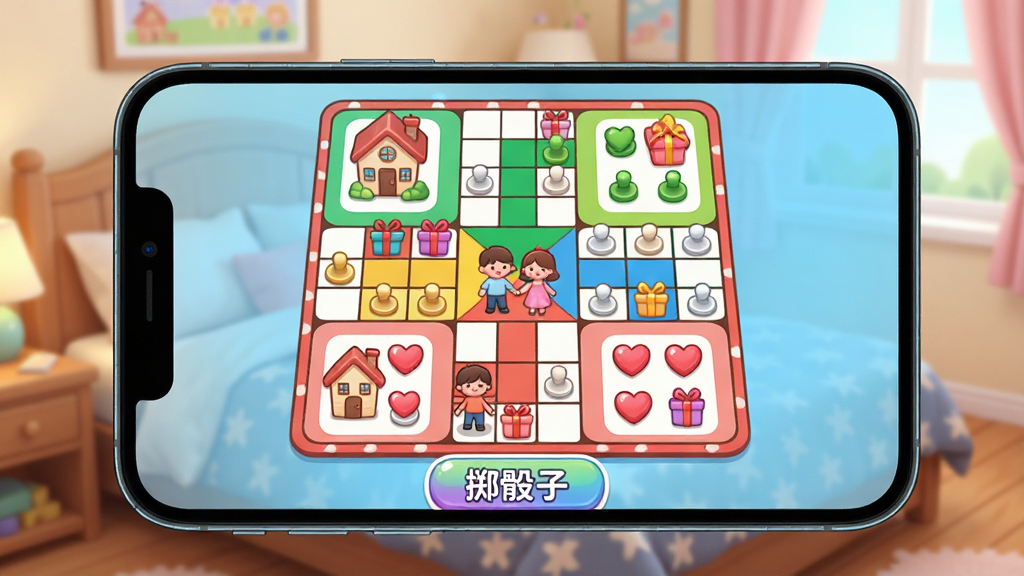 画面主体是手机横屏显示一款名为“情侣日记”的情侣飞行棋游戏界面,棋盘色彩鲜艳,有爱心与礼物图标作为棋子。布局为游戏画面居中,背景是模糊的卧室环境。排版活泼,界面下方有“掷骰子”按钮。风格卡通可爱,细节包含棋盘上的小房子与牵手小人。画质流畅清晰,干净无多余元素。