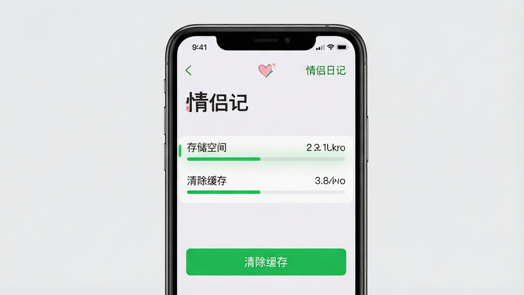 手机屏幕特写显示“情侣日记”设置界面,高亮显示“存储空间”选项,界面下方有“清除缓存”的绿色按钮。布局为手机竖屏居中,背景简洁。排版清晰,有进度条与数字显示。风格写实,细节包含手机顶部的电量图标与通知栏。画质高清,干净无多余元素。