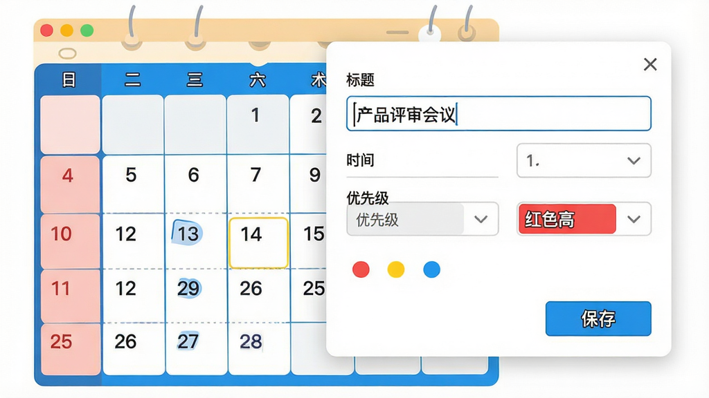 主体:日历界面上的某一天弹出日程编辑窗口,窗口内有“标题”、“时间”、“优先级”等选项。布局:日历占据画面左侧,编辑窗口浮现在右侧,两者有重叠但层次分明。排版:编辑窗口设计简洁,有输入框和下拉菜单,日期下方有红黄蓝三色小圆点代表不同优先级。风格:平面插画风,色彩明亮。细节:输入框中文字为“产品评审会议”,优先级选中“红色高”,有“保存”按钮。画质:高清,干净,无多余元素。