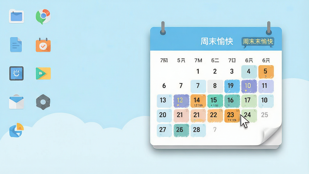 主体:电脑桌面背景前,一个悬浮的精致日历界面,日历上显示当前日期并用醒目颜色标注重要日程。布局:日历位于画面中央偏右,左侧有空白桌面区域,整体构图平衡。排版:桌面整洁,图标整齐排列在左侧,日历界面清晰展示日期数字和“周末愉快”字样。风格:扁平化设计,色彩清新明快,浅蓝与白色主色调。细节:日历纸张有细微阴影,鼠标指针悬停在某个日期上,呈现出可点击状态。画质:高清,干净,无多余元素。
