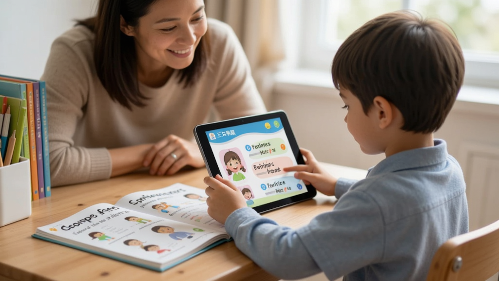 小学三年级英语上册点读软件使用场景图,一个孩子正拿着平板电脑在书桌前点读英语课本,旁边有家长陪伴,画面温馨,自然光,清晰干净