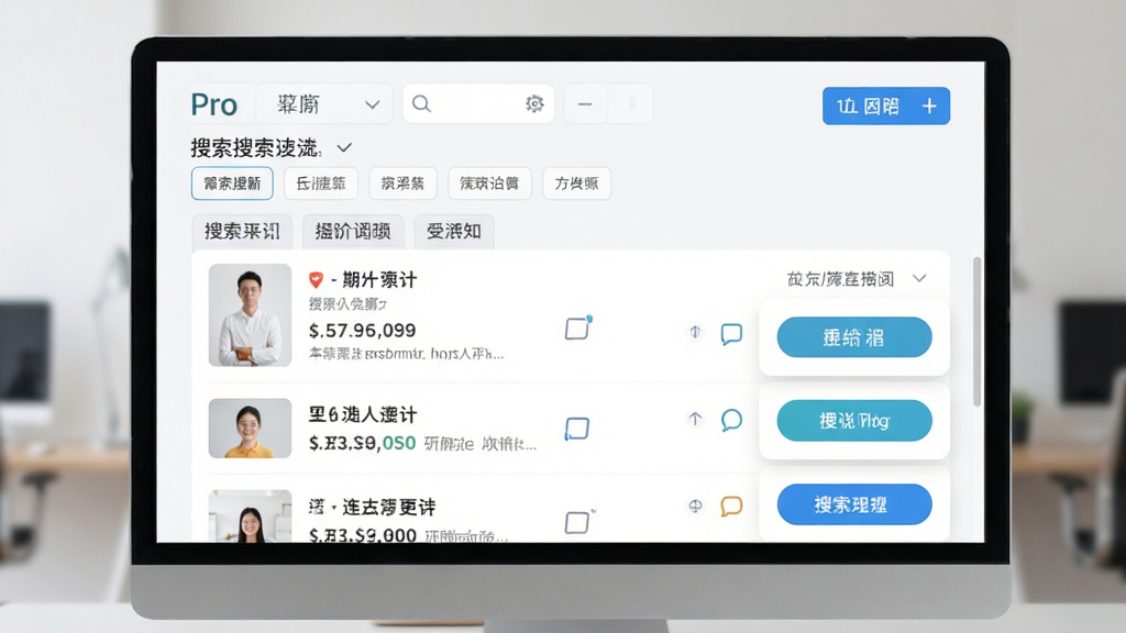 客想来Pro搜索筛选功能界面,显示搜索结果列表,包含筛选标签,界面简洁直观,操作按钮醒目,现代UI设计,画质高清,无多余元素