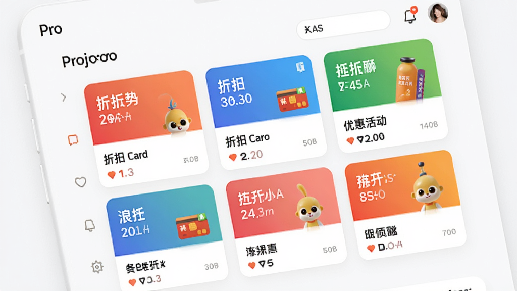 客想来Pro应用主界面,展示各类折扣卡与优惠活动,现代简约设计风格,界面布局清晰,卡片式信息排列,色彩明快,画质高清,干净,无多余元素