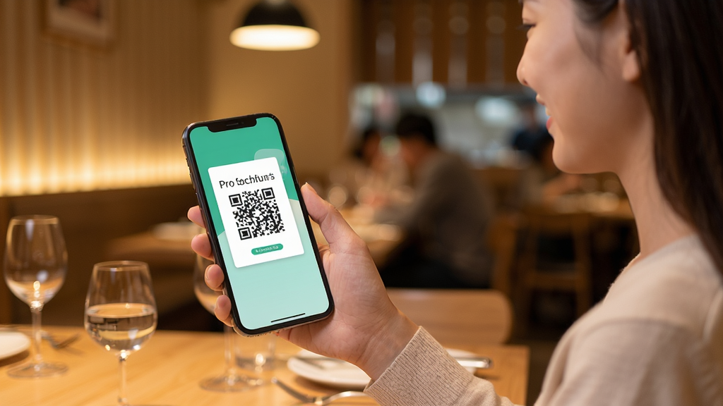 客想来Pro使用场景示意图,用户手持手机在餐厅出示折扣码,背景为温馨的餐厅环境,人物动作自然,画面清晰,构图合理,干净,无多余元素