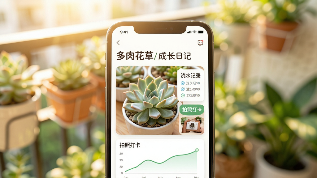 主体:一部亮着屏幕的智能手机,屏幕上显示“多肉花草成长日记”应用界面,界面中有多肉植物照片和生长曲线图。布局:手机位于画面中央偏下,背景是模糊的阳台绿植与阳光。排版:手机屏幕朝上,界面清晰可见。风格:写实摄影风格,暖色调,明亮通透。细节:屏幕中显示一棵饱满的多肉植物,旁边有“浇水记录”“拍照打卡”小卡片。画质:超高清,干净,无多余元素。