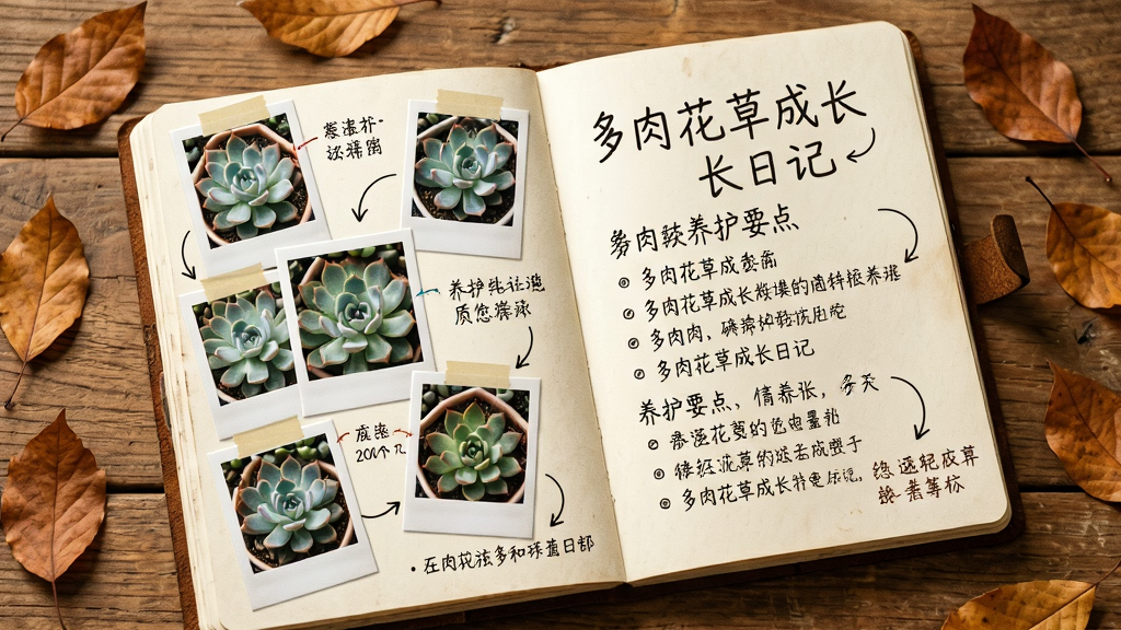 主体:一个打开的笔记本,左侧贴着多张多肉植物照片,右侧手写着“多肉花草成长日记”和养护要点。布局:笔记本平铺在木桌上,旁边散落几片落叶。排版:左右分栏,文字与图片交错。风格:手账风格,温馨复古。细节:照片旁有箭头注释,字迹清晰。画质:高细节,干净。