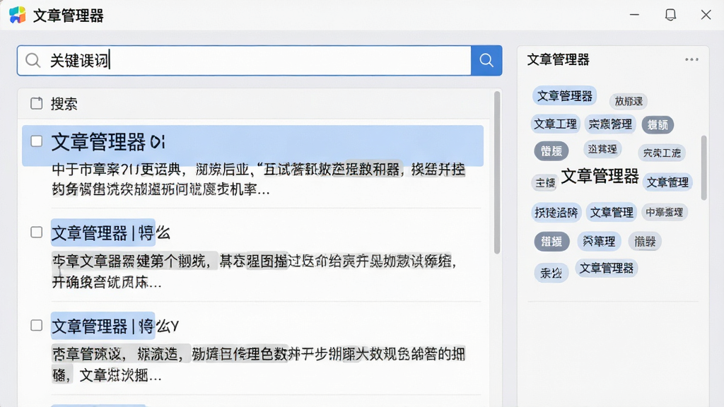 文章管理器软件中的搜索界面,搜索框输入关键词后,下方列表高亮显示匹配的文档标题与片段摘要,界面背景为浅灰色,文字清晰,右侧有标签云面板,整体风格简洁商务,带有软件名称“文章管理器”,画质干净,无多余元素。