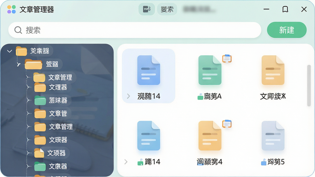 一张文章管理器软件的功能截图,左侧彩色文件夹树状结构,右侧显示文章文件图标与文件名,窗口顶部有搜索栏与新建按钮,UI界面采用柔和圆角设计,色调清新明亮,包含软件名称“文章管理器”字样,画质细腻,无多余元素。