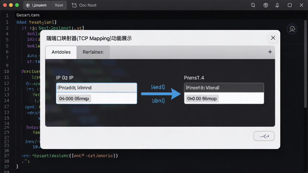 �˿�ӳ����(TCP Mapping)����չʾͼ����ʾ����ӳ�����Ķ�̬���棬���������ʾ��IP�Ͷ˿ڣ���ͷָʾת��·��������Ϊ��ɫ�����񣬲���רҵ���߷ֱ��ʣ��ɾ�����