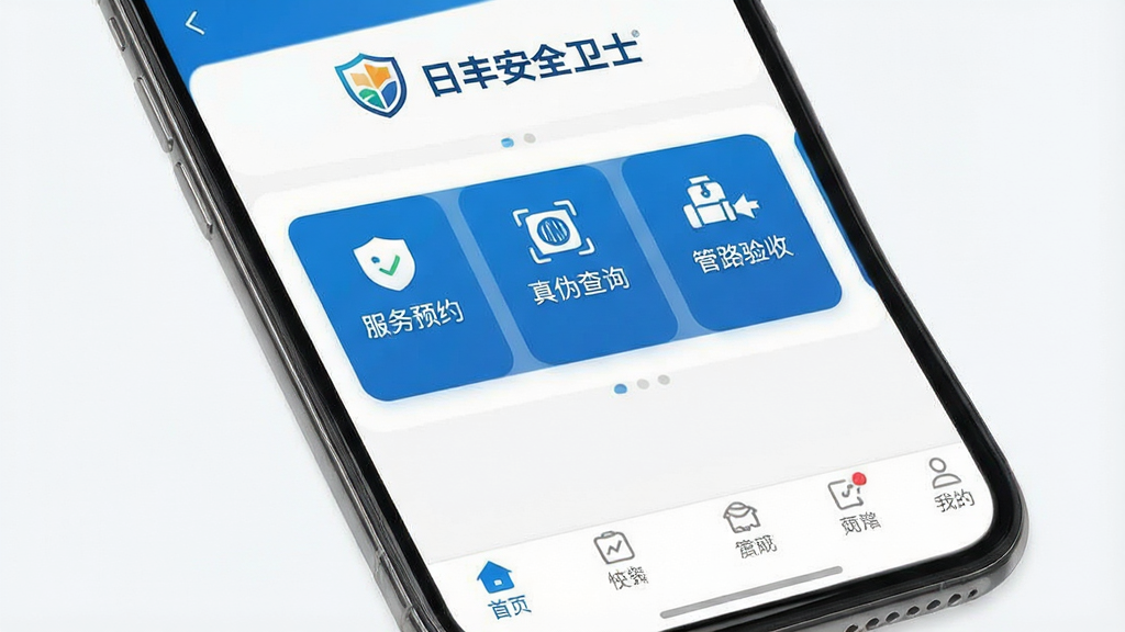 一张展示日丰安全卫士应用界面的高清截图,主体为手机屏幕中的APP首页,上方显示“日丰安全卫士”品牌Logo和名称,中部是清晰的功能图标排列,包括“服务预约”“真伪查询”“管路验收”等,底部为导航栏。整体布局简洁现代,风格以白色和蓝色为主色调,画质干净,无多余元素。