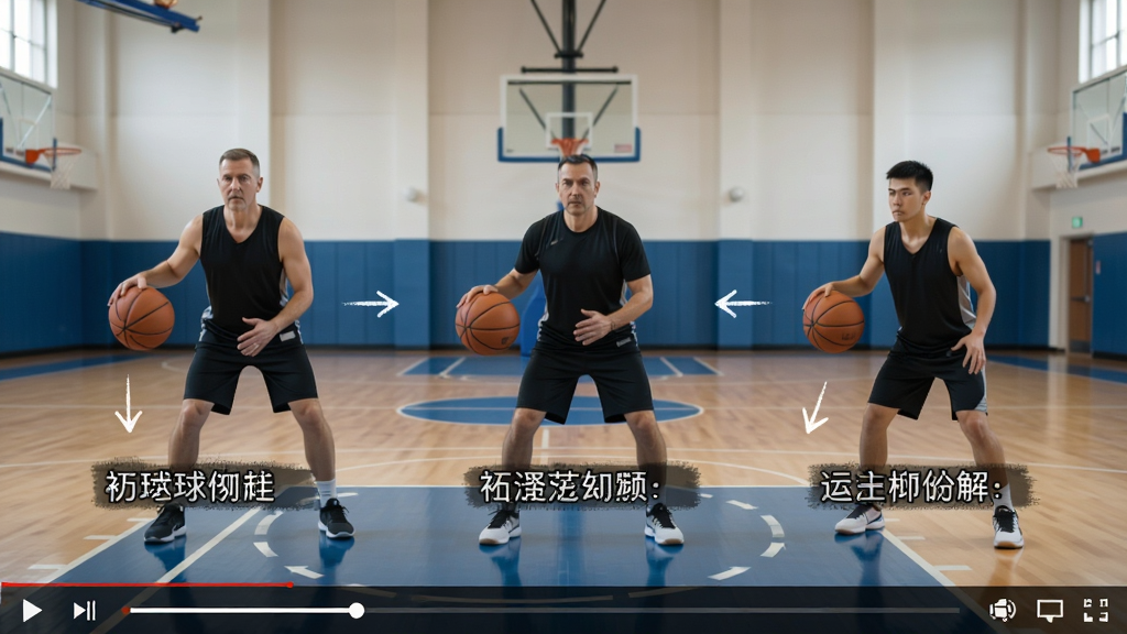 初球教学视频界面,展示篮球运球教学动作分解,画面包含教练示范动作及文字标注要点,背景为室内篮球场,视频播放器风格,画质高清,干净无多余元素