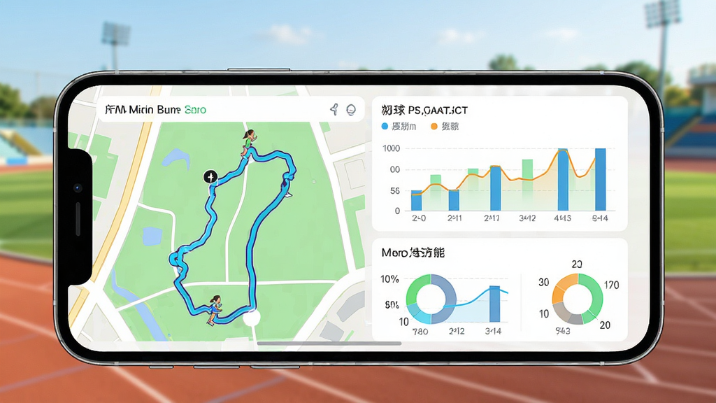 初球运动追踪功能界面,手机展示跑步轨迹地图与数据统计图表,背景为运动场,色彩明亮,界面简洁,突出运动数据分析功能,画质清晰,干净无多余元素