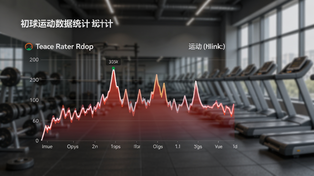 初球运动数据统计图表界面,展示心率曲线与运动时长,背景为健身房,图表色彩鲜明,界面简洁,突出运动分析,画质清晰,干净无多余元素