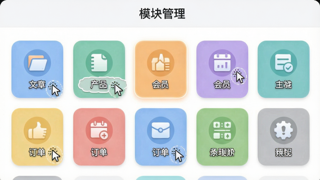 一张Espcms功能模块管理界面的截图,页面显示多个彩色功能图标整齐排列,包括文章、产品、会员、订单等模块,鼠标悬停效果高亮,界面圆润,配色柔和,顶部有