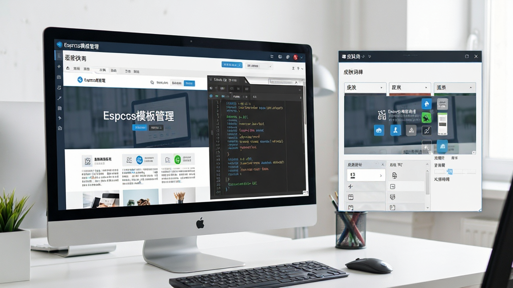 一张Espcms可视化模板编辑的工作场景图,屏幕中展示前端页面与后台标签代码对照区域,右侧为皮肤切换窗口,整体环境明亮,屏幕内容清晰可辨,包含