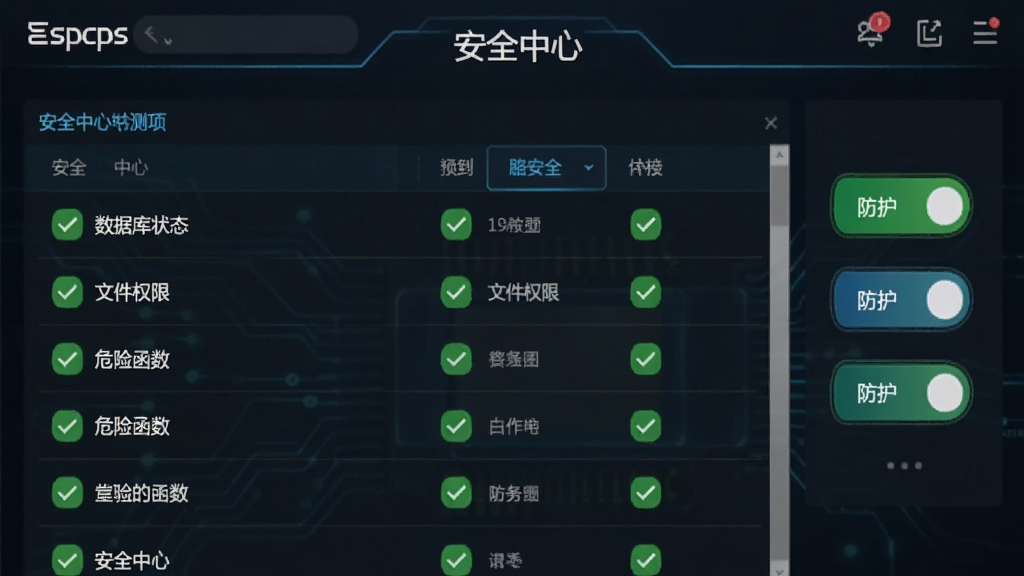 一张Espcms安全中心界面截图,界面中显示安全检测项列表,包括数据库状态、文件权限、危险函数等,全部显示绿色勾选状态,右侧有防护开关按钮,整体风格简洁,科技感强,文字