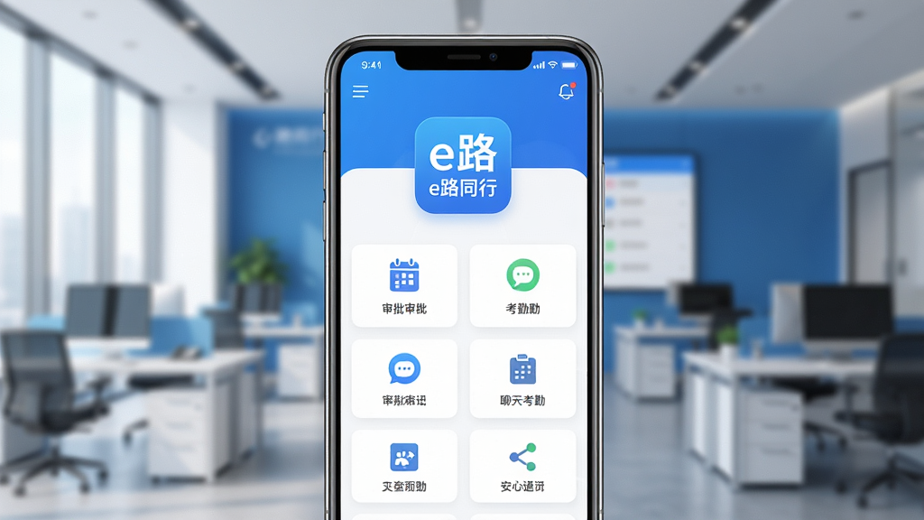 一幅展示e路同行软件主界面的高清渲染图,画面中央是一部智能手机,屏幕中清晰显示“e路同行”应用图标及内部功能列表,包含审批、考勤、聊天等模块,背景为现代化办公场景,虚化处理,整体色调以蓝色和白色为主,画质清晰,干净,无多余元素