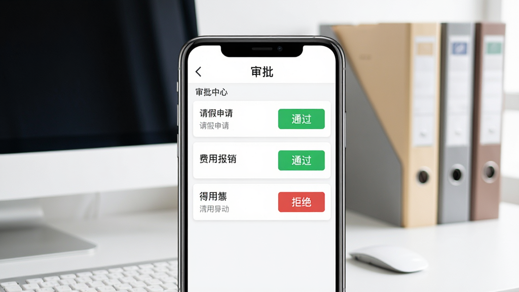 一张展示e路同行审批功能的界面截图样机图,手机屏幕上显示“审批中心”列表,包含请假申请、费用报销等条目,每条带有绿色的“通过”按钮与红色的“拒绝”按钮,背景为简洁的办公桌面,有电脑和文件夹,画面明亮,干净,无多余元素