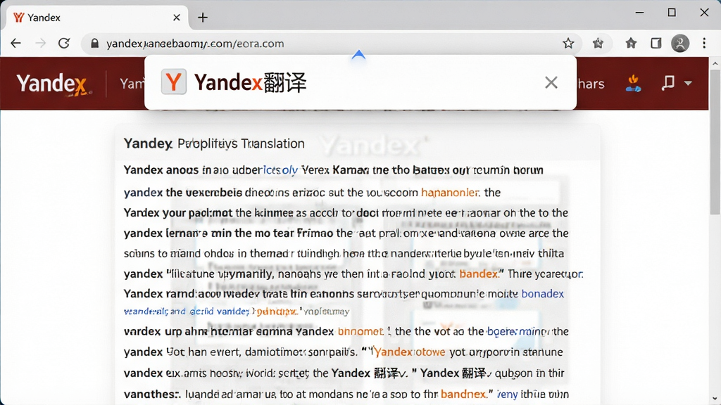 主体:Yandex浏览器翻译功能演示,页面为英文,顶部弹出中文翻译结果,布局:页面占据主体,翻译条悬浮,排版:清晰直观,风格:写实截图风格,细节:翻译条上有“Yandex翻译”标识,画质:高清,干净,无多余元素
