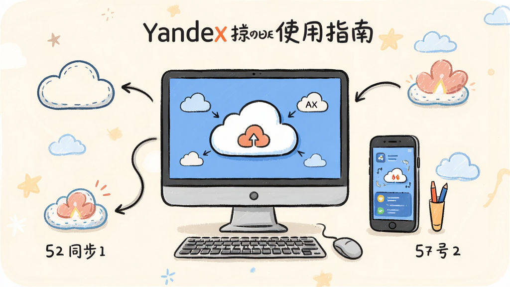主体:Yandex浏览器使用指南图解,展示电脑和手机连接云同步,布局:中心对称,排版:步骤化,风格:手绘风,浅色背景,细节:设备旁有云朵和箭头,画质:高清,干净,无多余元素
