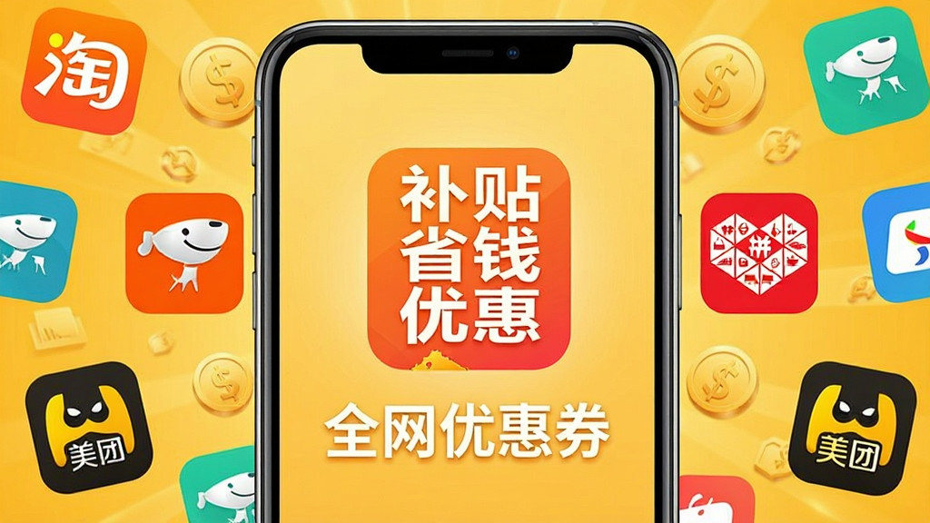 一张手机应用界面的概念图,手机屏幕中央显示“补贴省钱优惠”的LOGO和“全网优惠券”字样,周围环绕着淘宝、京东、拼多多、美团等各类购物APP的图标,背景为明亮的暖黄色,象征财富和优惠,画面构图饱满,细节丰富,画质清晰,干净无多余元素。
