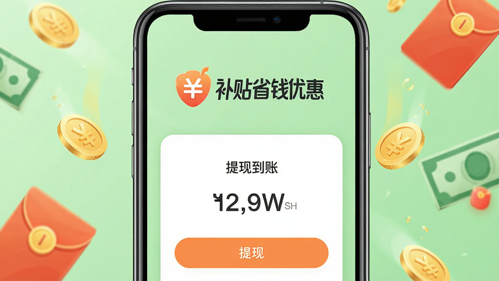 一张手机应用界面的概念图,手机屏幕中央显示“补贴省钱优惠”的LOGO和“提现到账”的界面截图,屏幕上显示余额数字和“提现”按钮,背景为浅绿色,有金币和红包元素点缀,象征返利和现金,画面细腻,画质高清,干净无多余元素。