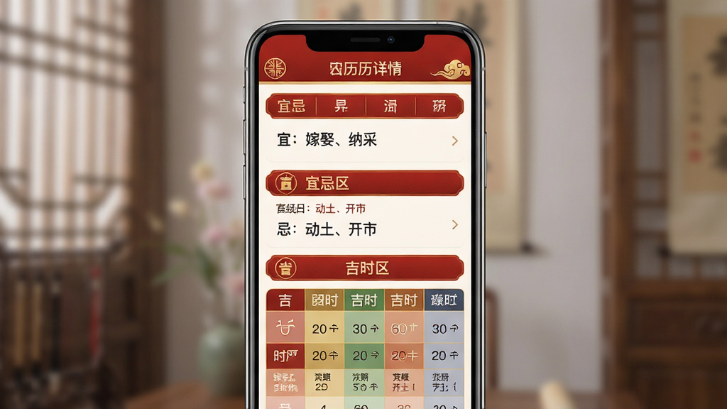 主体:手机屏幕展示黄历详情页,包含日期、宜忌列表、吉时表格。布局:手机竖屏,页面从上到下依次为农历日期、宜忌区、吉时区。排版:列表式布局,条目清晰,文字大小适中。风格:传统中国风与现代UI结合,红金配色。细节:页面中有“宜:嫁娶、纳采”,“忌:动土、开市”文字,吉时表格用不同颜色区分。画质:高清,干净,无多余元素。