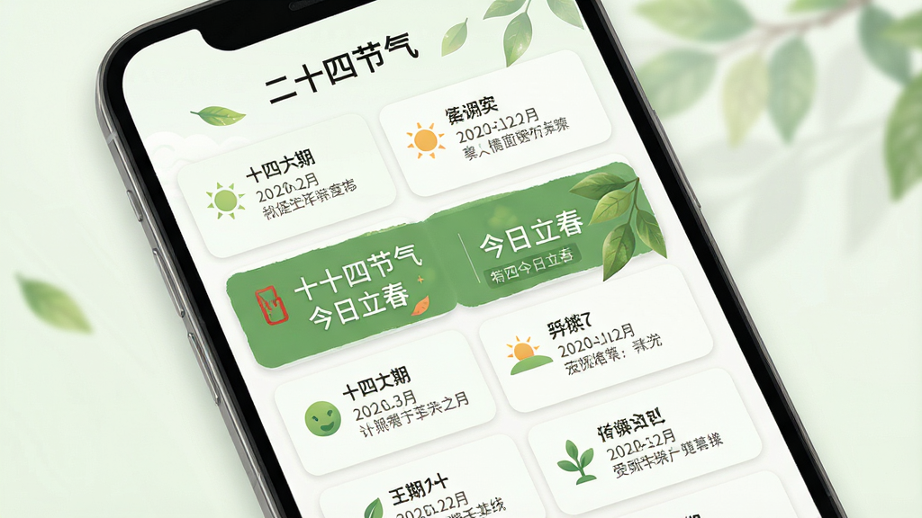 主体:手机界面展示二十四节气列表,每个节气配有简单图标。布局:竖向滚动列表,顶部有“二十四节气”标题。排版:卡片式布局,每个节气卡片包含名称、日期和简短描述。风格:清新淡雅,绿色自然色调。细节:当前节气高亮显示,并配有“今日立春”等文字提示。画质:高清,干净,无多余元素。