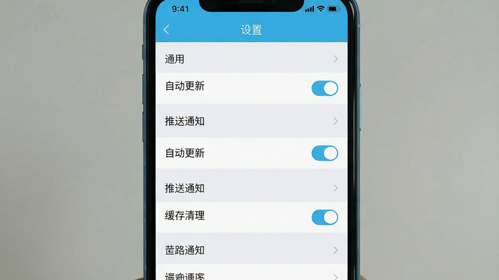 主体:手机截图展示应用设置页面,包含“自动更新”、“缓存清理”等选项。布局:手机竖屏,设置列表清晰排列。排版:文字与开关控件组合,简洁明了。风格:清爽的浅蓝白配色。细节:页面顶部有“设置”标题,下方有“通用”、“推送通知”等分组。画质:高清,干净,无多余元素。