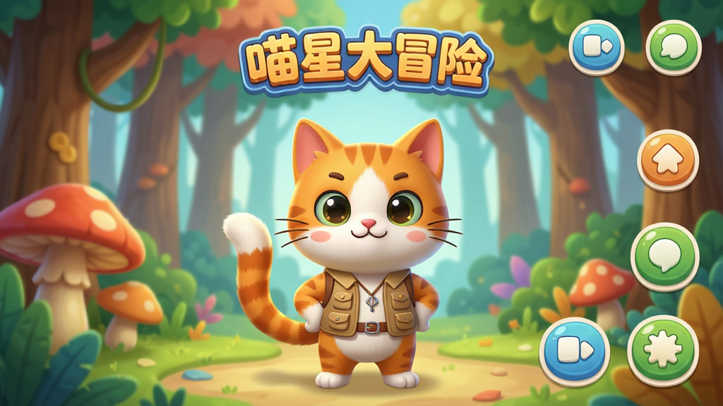 一只橙白相间的卡通猫咪主角,穿着小小的探险家背心,站在色彩斑斓的森林入口,竖起的尾巴显示出自信。游戏主界面风格明亮,UI按钮圆润可爱,整体采用3D卡通渲染风格,画质清晰明亮,光影柔和,画面干净无多余元素,显示出“喵星大冒险”的游戏标题LOGO。