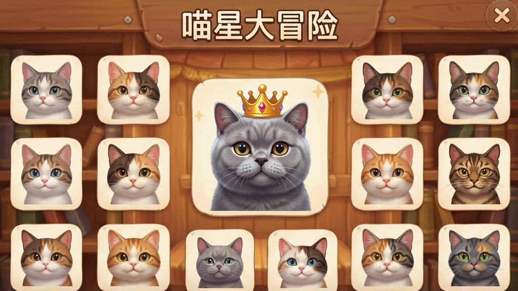 一张游戏内猫咪图鉴界面的预览图,界面上展示着排列整齐的多种猫咪头像,背景为温暖的木制书房质感。中心位置是一只戴着皇冠的灰色英国短毛猫。UI设计风格清新简洁,画质细腻柔和,色彩饱和度高,干净无多余元素,图片上方有“喵星大冒险”字样。