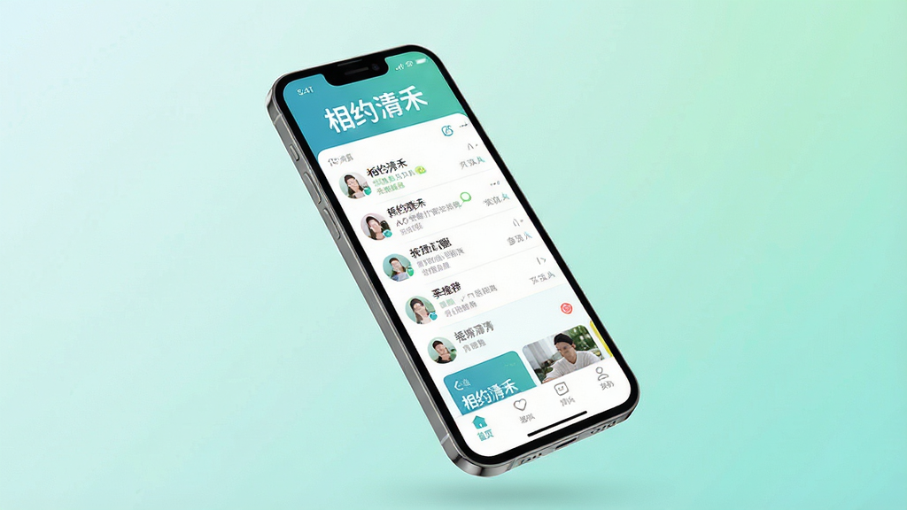 一张展示“相约清禾”应用界面的高清手机截图,主体为一部智能手机悬浮在柔和的渐变背景上,屏幕中清晰显示“相约清禾”的logo和主界面布局,包含底部导航栏、聊天列表和推荐卡片,排版整洁现代,风格简约明亮,色彩以清新的蓝绿色为主,细节丰富,画质细腻干净,无多余元素。