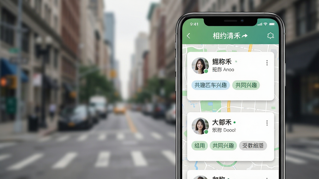 一张展示“相约清禾”同城匹配功能的界面截图,主体是手机屏幕上的地图和用户卡片,卡片上显示头像、昵称、距离和共同兴趣标签,背景为模糊的城市街景,布局清晰,风格清新自然,突出智能推荐元素,画质干净,无多余元素。