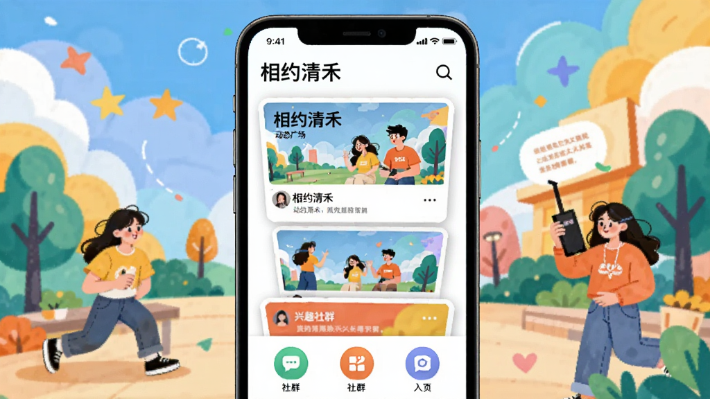 一张展示“相约清禾”动态广场和兴趣社群的界面截图,主体是手机屏幕中的瀑布流动态卡片和社群入口图标,背景为多彩的插画风格,布局活泼,风格年轻化,突出社交互动氛围,画质清晰,无多余元素。